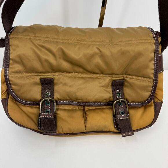 Eddie Bauer Down Filled Puffer Bag Crossbody Tan Brown Leather Outdoor Gorpcore - Picture 2 of 14